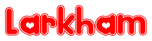 The image is a red and white graphic with the word Larkham written in a decorative script. Each letter in  is contained within its own outlined bubble-like shape. Inside each letter, there is a white heart symbol.
