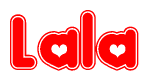 The image is a red and white graphic with the word Lala written in a decorative script. Each letter in  is contained within its own outlined bubble-like shape. Inside each letter, there is a white heart symbol.