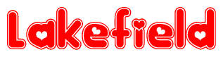 The image is a clipart featuring the word Lakefield written in a stylized font with a heart shape replacing inserted into the center of each letter. The color scheme of the text and hearts is red with a light outline.