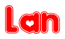 The image is a clipart featuring the word Lan written in a stylized font with a heart shape replacing inserted into the center of each letter. The color scheme of the text and hearts is red with a light outline.