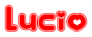   The image is a clipart featuring the word Lucio written in a stylized font with a heart shape replacing inserted into the center of each letter. The color scheme of the text and hearts is red with a light outline. 