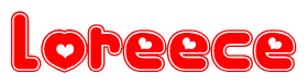 The image is a red and white graphic with the word Loreece written in a decorative script. Each letter in  is contained within its own outlined bubble-like shape. Inside each letter, there is a white heart symbol.