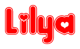 The image is a clipart featuring the word Lilya written in a stylized font with a heart shape replacing inserted into the center of each letter. The color scheme of the text and hearts is red with a light outline.