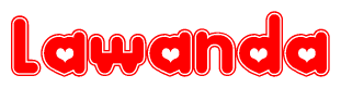 The image is a red and white graphic with the word Lawanda written in a decorative script. Each letter in  is contained within its own outlined bubble-like shape. Inside each letter, there is a white heart symbol.