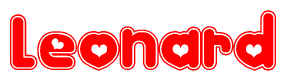 The image is a red and white graphic with the word Leonard written in a decorative script. Each letter in  is contained within its own outlined bubble-like shape. Inside each letter, there is a white heart symbol.