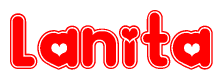 The image is a red and white graphic with the word Lanita written in a decorative script. Each letter in  is contained within its own outlined bubble-like shape. Inside each letter, there is a white heart symbol.