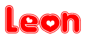 The image is a red and white graphic with the word Leon written in a decorative script. Each letter in  is contained within its own outlined bubble-like shape. Inside each letter, there is a white heart symbol.