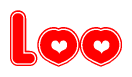 The image is a clipart featuring the word Loo written in a stylized font with a heart shape replacing inserted into the center of each letter. The color scheme of the text and hearts is red with a light outline.