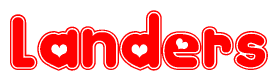 The image is a red and white graphic with the word Landers written in a decorative script. Each letter in  is contained within its own outlined bubble-like shape. Inside each letter, there is a white heart symbol.