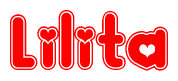 The image is a clipart featuring the word Lilita written in a stylized font with a heart shape replacing inserted into the center of each letter. The color scheme of the text and hearts is red with a light outline.