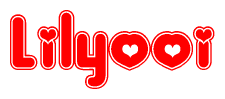 The image is a clipart featuring the word Lilyooi written in a stylized font with a heart shape replacing inserted into the center of each letter. The color scheme of the text and hearts is red with a light outline.