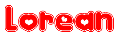 The image is a clipart featuring the word Lorean written in a stylized font with a heart shape replacing inserted into the center of each letter. The color scheme of the text and hearts is red with a light outline.