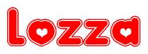 The image is a red and white graphic with the word Lozza written in a decorative script. Each letter in  is contained within its own outlined bubble-like shape. Inside each letter, there is a white heart symbol.