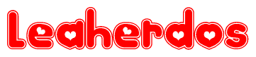 The image is a red and white graphic with the word Leaherdos written in a decorative script. Each letter in  is contained within its own outlined bubble-like shape. Inside each letter, there is a white heart symbol.
