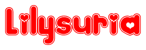 The image is a red and white graphic with the word Lilysuria written in a decorative script. Each letter in  is contained within its own outlined bubble-like shape. Inside each letter, there is a white heart symbol.