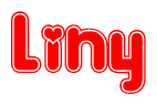 The image is a red and white graphic with the word Liny written in a decorative script. Each letter in  is contained within its own outlined bubble-like shape. Inside each letter, there is a white heart symbol.