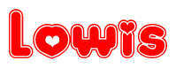 The image is a red and white graphic with the word Lowis written in a decorative script. Each letter in  is contained within its own outlined bubble-like shape. Inside each letter, there is a white heart symbol.