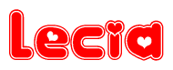 The image is a red and white graphic with the word Lecia written in a decorative script. Each letter in  is contained within its own outlined bubble-like shape. Inside each letter, there is a white heart symbol.