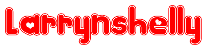 The image is a red and white graphic with the word Larrynshelly written in a decorative script. Each letter in  is contained within its own outlined bubble-like shape. Inside each letter, there is a white heart symbol.