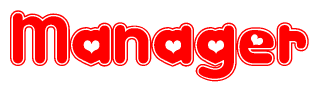 The image is a red and white graphic with the word Manager written in a decorative script. Each letter in  is contained within its own outlined bubble-like shape. Inside each letter, there is a white heart symbol.