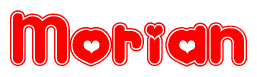 The image is a red and white graphic with the word Morian written in a decorative script. Each letter in  is contained within its own outlined bubble-like shape. Inside each letter, there is a white heart symbol.