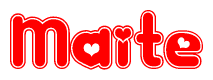 The image is a red and white graphic with the word Maite written in a decorative script. Each letter in  is contained within its own outlined bubble-like shape. Inside each letter, there is a white heart symbol.