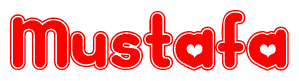 The image is a red and white graphic with the word Mustafa written in a decorative script. Each letter in  is contained within its own outlined bubble-like shape. Inside each letter, there is a white heart symbol.