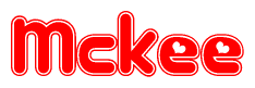 The image is a red and white graphic with the word Mckee written in a decorative script. Each letter in  is contained within its own outlined bubble-like shape. Inside each letter, there is a white heart symbol.