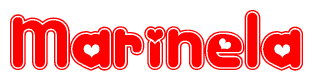 The image is a red and white graphic with the word Marinela written in a decorative script. Each letter in  is contained within its own outlined bubble-like shape. Inside each letter, there is a white heart symbol.