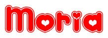 The image displays the word Moria written in a stylized red font with hearts inside the letters.