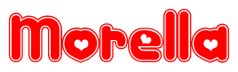 The image is a red and white graphic with the word Morella written in a decorative script. Each letter in  is contained within its own outlined bubble-like shape. Inside each letter, there is a white heart symbol.