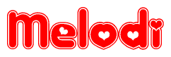 The image is a red and white graphic with the word Melodi written in a decorative script. Each letter in  is contained within its own outlined bubble-like shape. Inside each letter, there is a white heart symbol.
