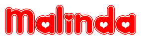 The image is a clipart featuring the word Malinda written in a stylized font with a heart shape replacing inserted into the center of each letter. The color scheme of the text and hearts is red with a light outline.