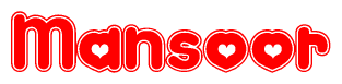 The image is a clipart featuring the word Mansoor written in a stylized font with a heart shape replacing inserted into the center of each letter. The color scheme of the text and hearts is red with a light outline.