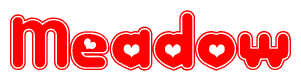 The image is a red and white graphic with the word Meadow written in a decorative script. Each letter in  is contained within its own outlined bubble-like shape. Inside each letter, there is a white heart symbol.
