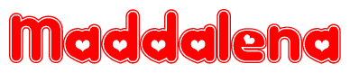 The image is a clipart featuring the word Maddalena written in a stylized font with a heart shape replacing inserted into the center of each letter. The color scheme of the text and hearts is red with a light outline.