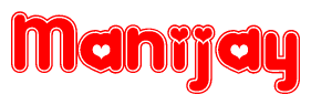 The image is a red and white graphic with the word Manijay written in a decorative script. Each letter in  is contained within its own outlined bubble-like shape. Inside each letter, there is a white heart symbol.