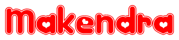 The image is a red and white graphic with the word Makendra written in a decorative script. Each letter in  is contained within its own outlined bubble-like shape. Inside each letter, there is a white heart symbol.