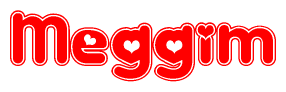 The image is a red and white graphic with the word Meggim written in a decorative script. Each letter in  is contained within its own outlined bubble-like shape. Inside each letter, there is a white heart symbol.