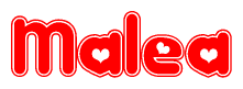 The image is a red and white graphic with the word Malea written in a decorative script. Each letter in  is contained within its own outlined bubble-like shape. Inside each letter, there is a white heart symbol.