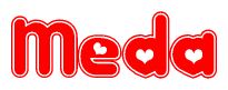 The image is a red and white graphic with the word Meda written in a decorative script. Each letter in  is contained within its own outlined bubble-like shape. Inside each letter, there is a white heart symbol.