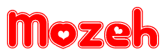 The image is a red and white graphic with the word Mozeh written in a decorative script. Each letter in  is contained within its own outlined bubble-like shape. Inside each letter, there is a white heart symbol.