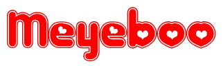 The image displays the word Meyeboo written in a stylized red font with hearts inside the letters.