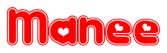 The image is a clipart featuring the word Manee written in a stylized font with a heart shape replacing inserted into the center of each letter. The color scheme of the text and hearts is red with a light outline.