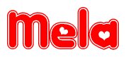 The image displays the word Mela written in a stylized red font with hearts inside the letters.