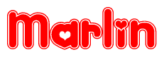 The image is a red and white graphic with the word Marlin written in a decorative script. Each letter in  is contained within its own outlined bubble-like shape. Inside each letter, there is a white heart symbol.