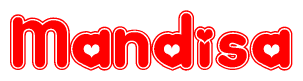 The image is a red and white graphic with the word Mandisa written in a decorative script. Each letter in  is contained within its own outlined bubble-like shape. Inside each letter, there is a white heart symbol.