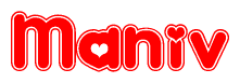 The image displays the word Maniv written in a stylized red font with hearts inside the letters.