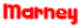 The image is a red and white graphic with the word Marney written in a decorative script. Each letter in  is contained within its own outlined bubble-like shape. Inside each letter, there is a white heart symbol.