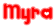 The image is a clipart featuring the word Myra written in a stylized font with a heart shape replacing inserted into the center of each letter. The color scheme of the text and hearts is red with a light outline.